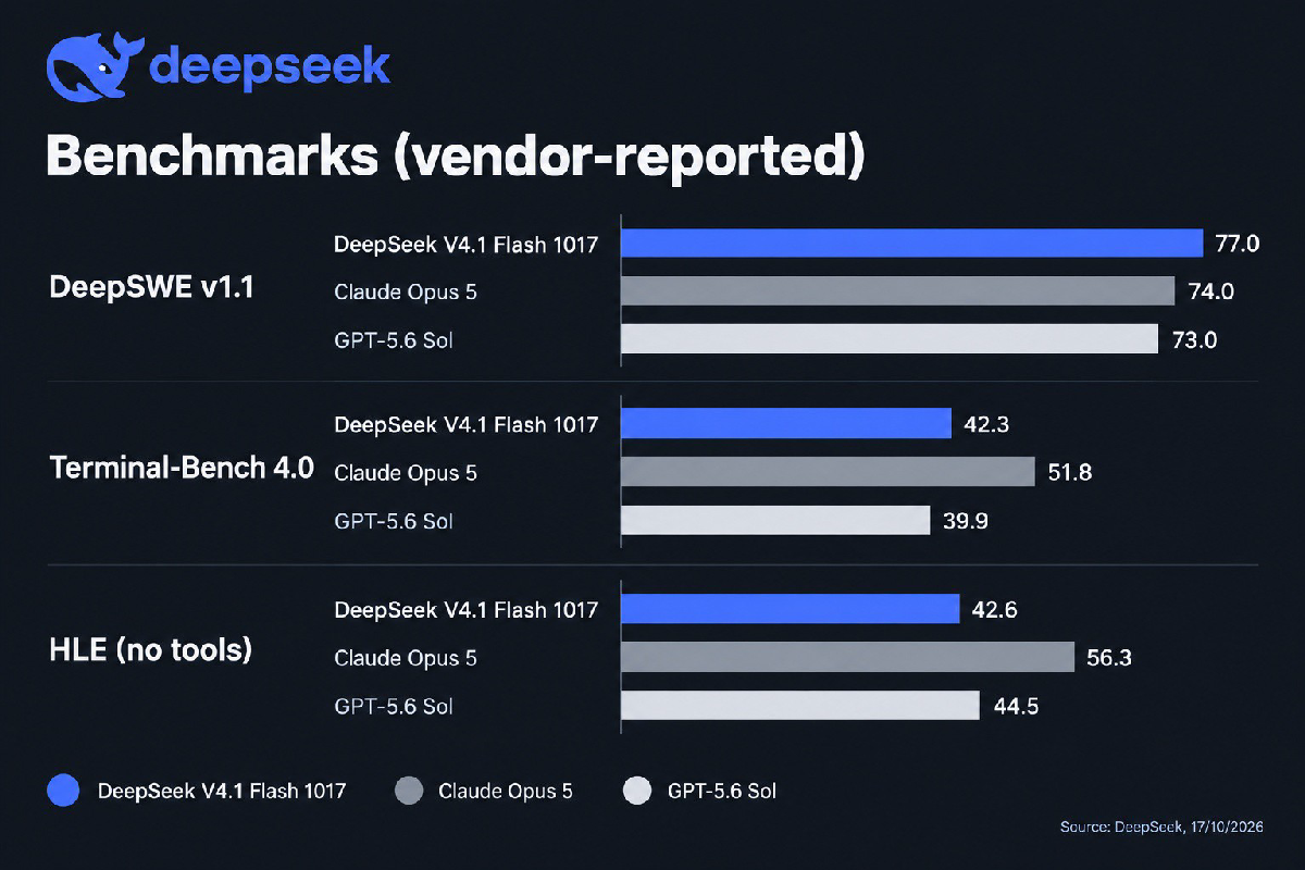 Biểu đồ so sánh điểm benchmark DeepSeek V4.1 Flash 1017 với Claude Opus 5 và GPT-5.6 Sol: DeepSWE 77,0, Terminal-Bench 42,3, HLE 42,6