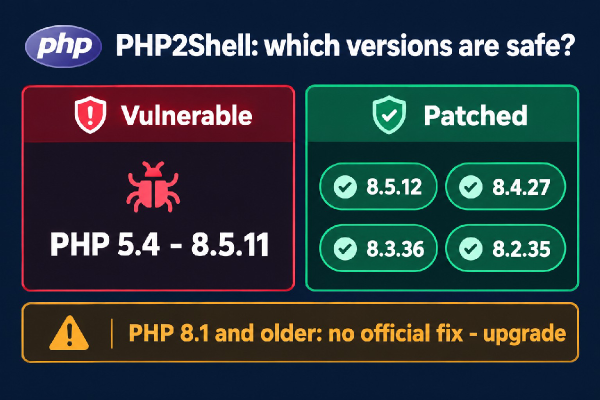 Bảng phiên bản PHP bị ảnh hưởng bởi PHP2Shell (5.4 tới 8.5.11) và các bản đã vá 8.5.12, 8.4.27, 8.3.36, 8.2.35