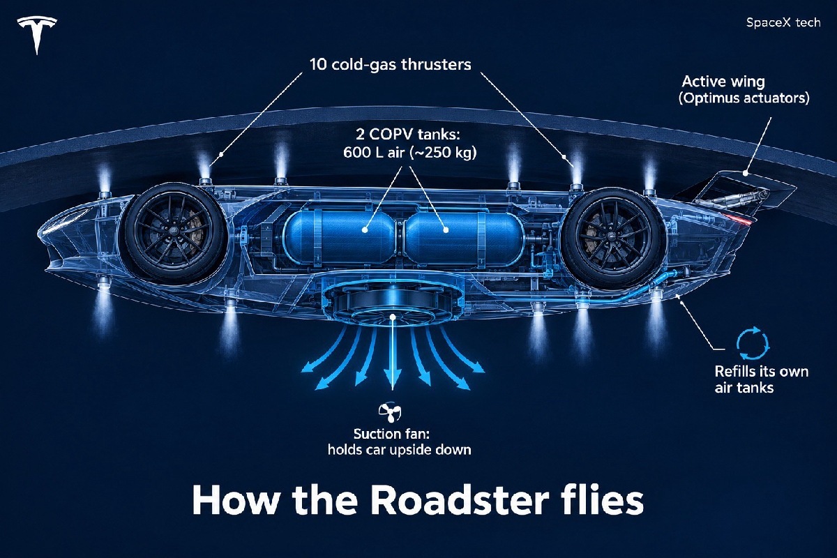 Sơ đồ công nghệ Tesla Roadster: quạt hút gầm giữ xe treo ngược, hai bình khí nén 600 lít và 10 vòi đẩy cold-gas