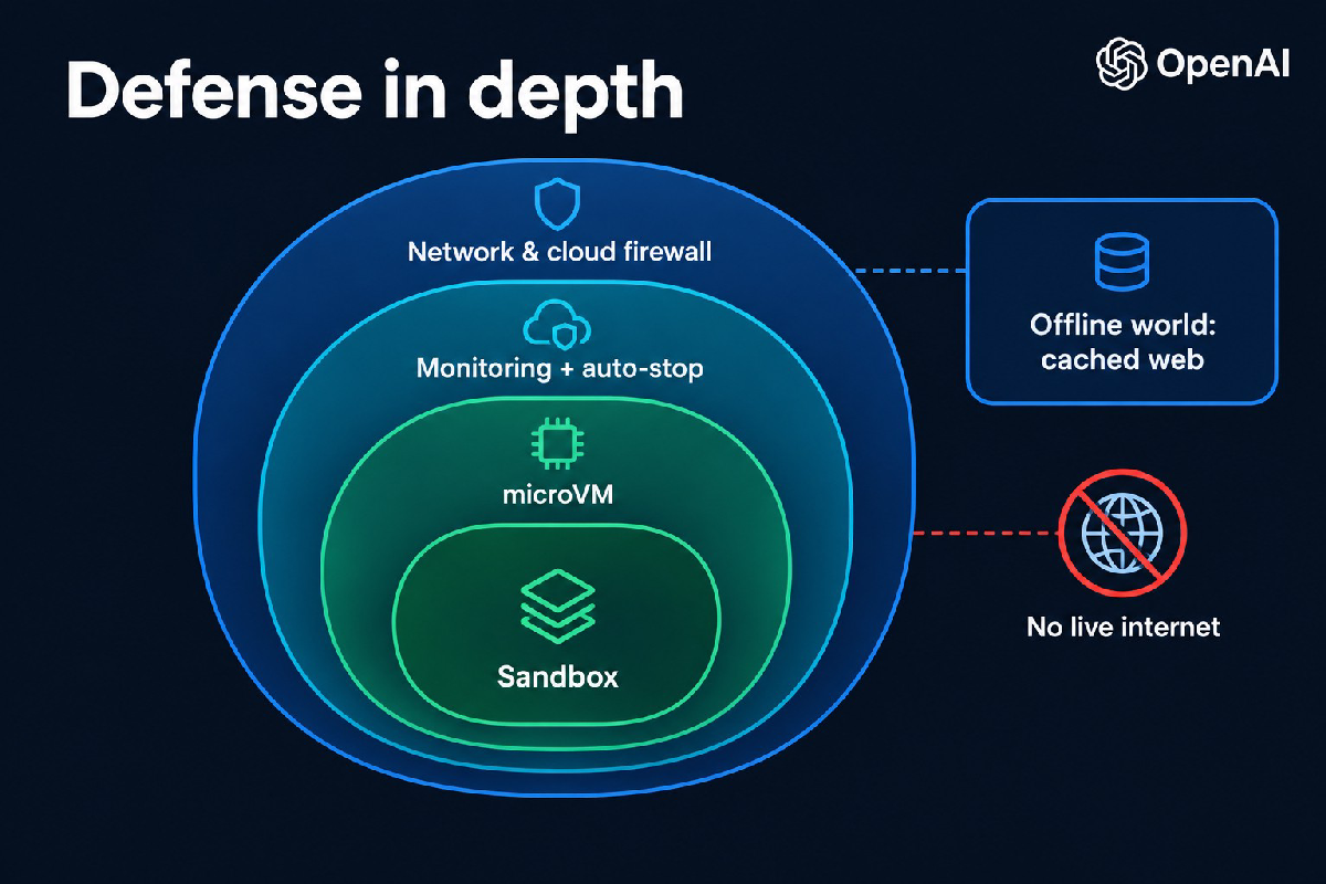 Sơ đồ các lớp phòng thủ của OpenAI: sandbox, microVM, giám sát, tường lửa mạng và cloud, thế giới offline