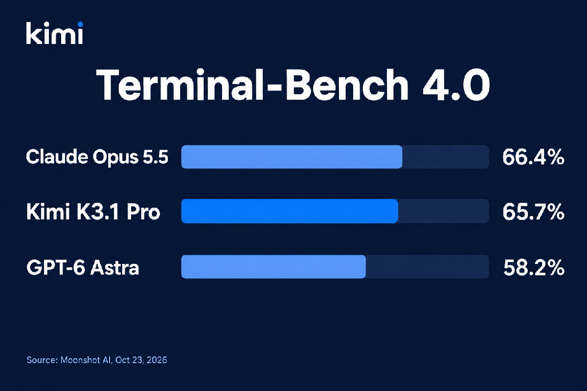 Biểu đồ Terminal-Bench 4.0: Claude Opus 5.5 66,4%, Kimi K3.1 Pro 65,7%, GPT-6 Astra 58,2%