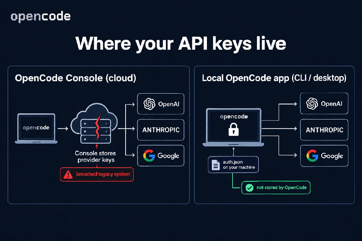 Sơ đồ nơi lưu API key: OpenCode Console lưu key nhà cung cấp trên máy chủ bị xâm nhập, còn ứng dụng OpenCode trên máy lưu key trong file auth.json cục bộ