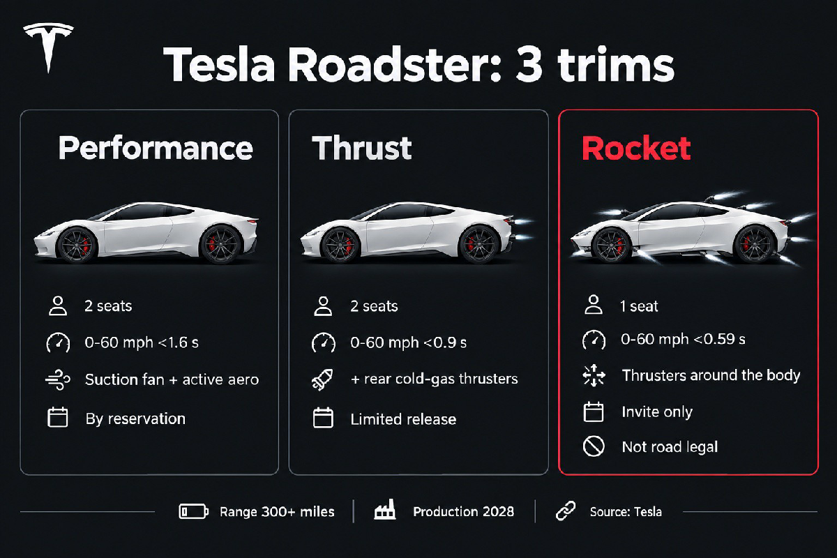 Bảng so sánh ba phiên bản Tesla Roadster Performance, Thrust và Rocket: số chỗ ngồi, 0-60 mph dưới 1,6, 0,9 và 0,59 giây