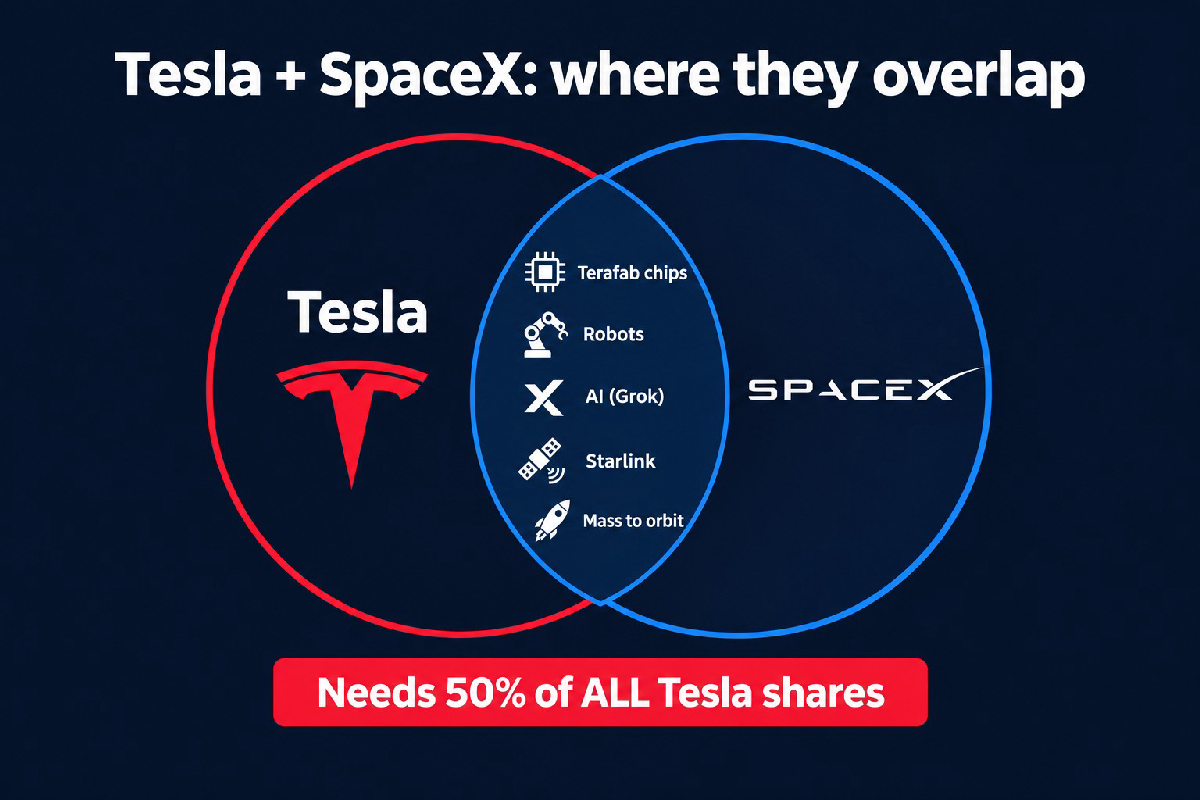 Sơ đồ các mảng Tesla và SpaceX chồng lấn: chip Terafab, robot, AI Grok, Starlink, tên lửa, và rào cản 50% tổng số cổ phần Tesla