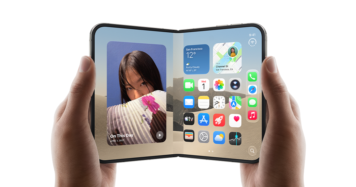iPhone Duo mở ra như một chiếc máy tính bảng nhỏ, cầm ngang bằng hai tay